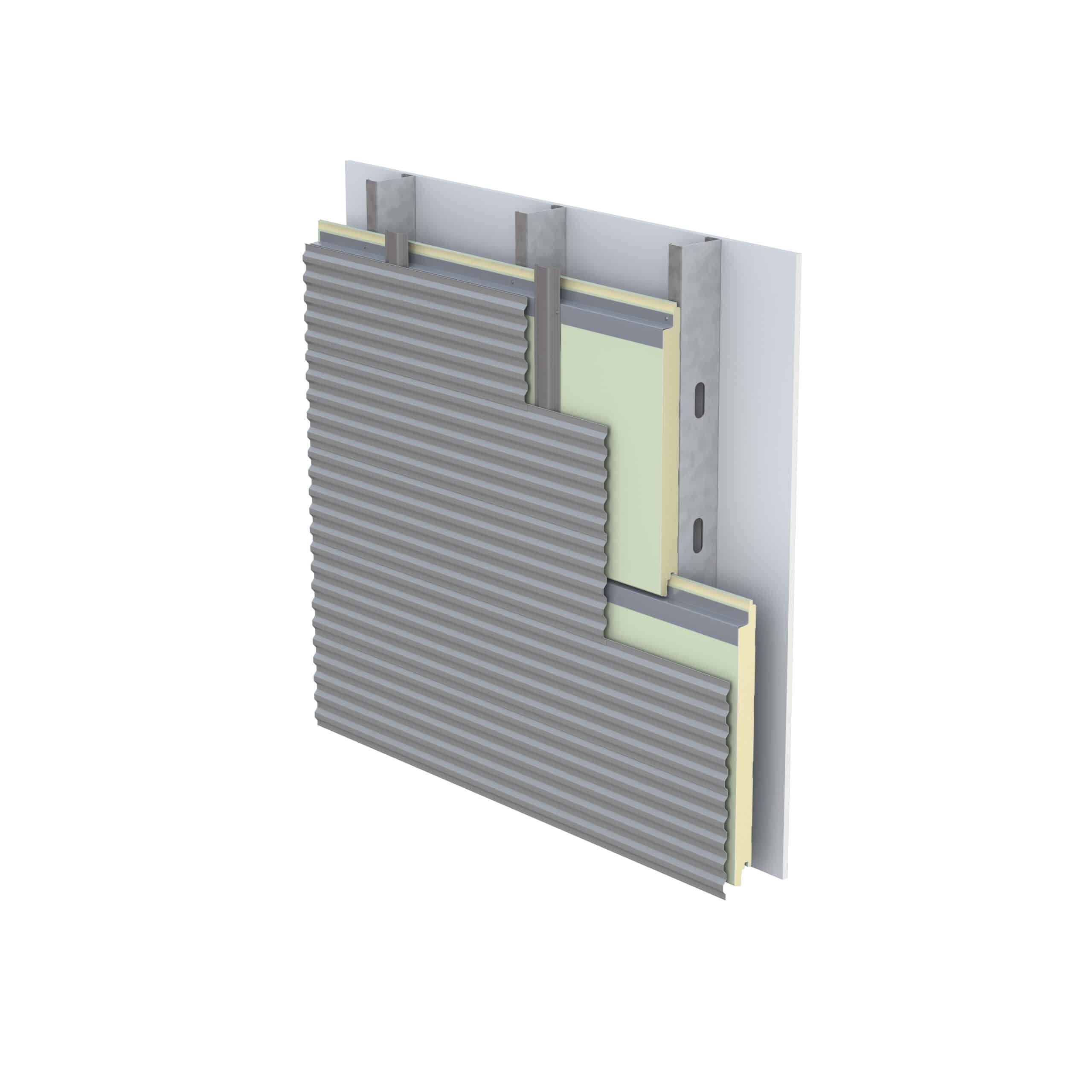 Metalwrap 300 Product Illustration showing horizontal system integrated with rainscreen system overlaid Style Rib